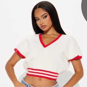 White and Red V-Neck Cropped Sweater